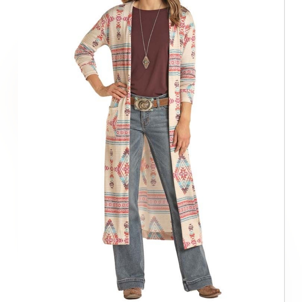 Panhandle Cream Pink Western  Knit Cardigan Duster